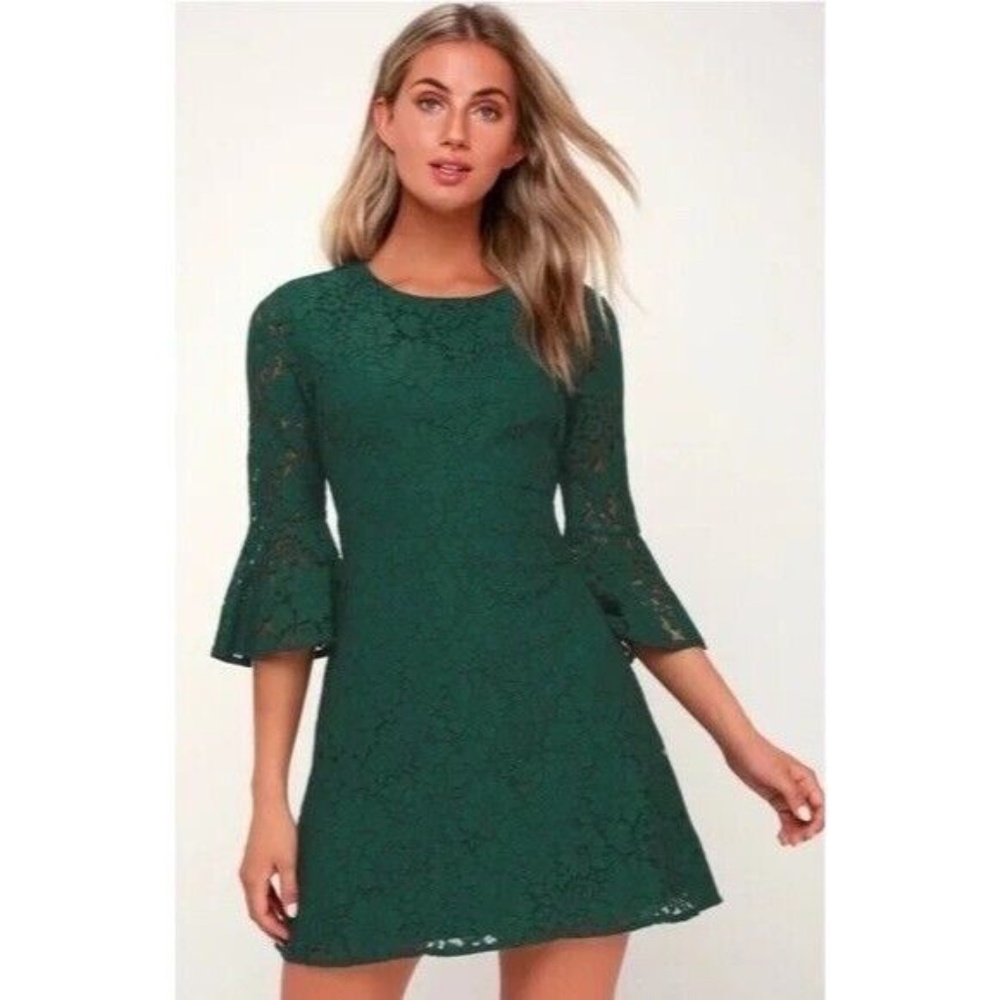 Lulus Favorite Flair Forest Green Lace Flounce Sleeve Dress size Large
